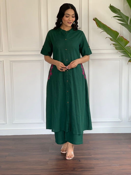 Green Button-Down Pocket Embroidered Kurta Palazzo Set