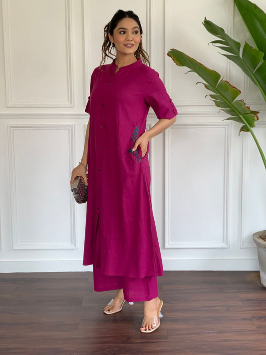Magenta Button-Down Pocket Embroidered Kurta Palazzo Set