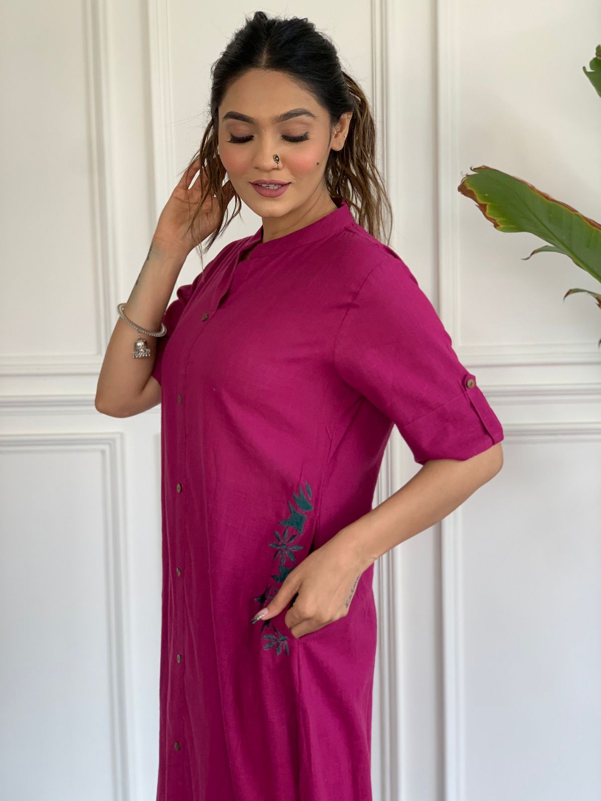 Magenta Button-Down Pocket Embroidered Kurta Palazzo Set
