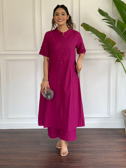 Magenta Button-Down Pocket Embroidered Kurta Palazzo Set