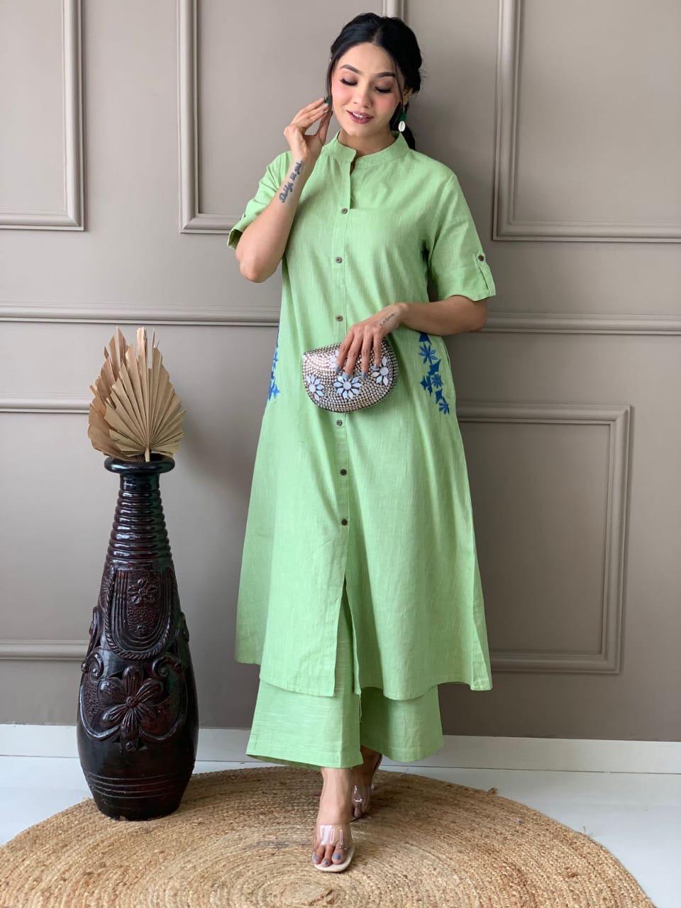 Mint Green Button-Down Pocket Embroidered Kurta Palazzo Set