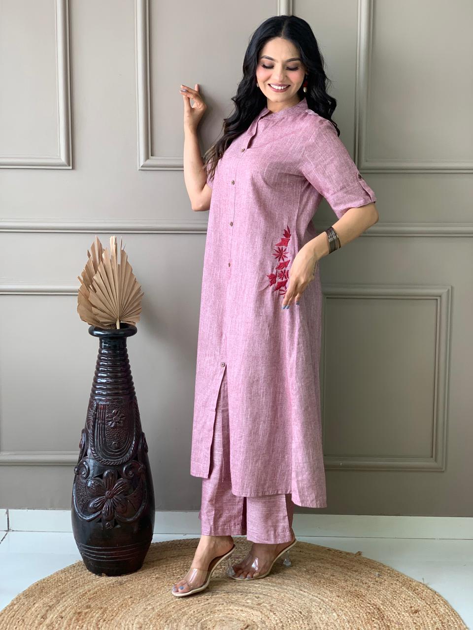 Mauve Button-Down Pocket Embroidered Kurta Palazzo Set