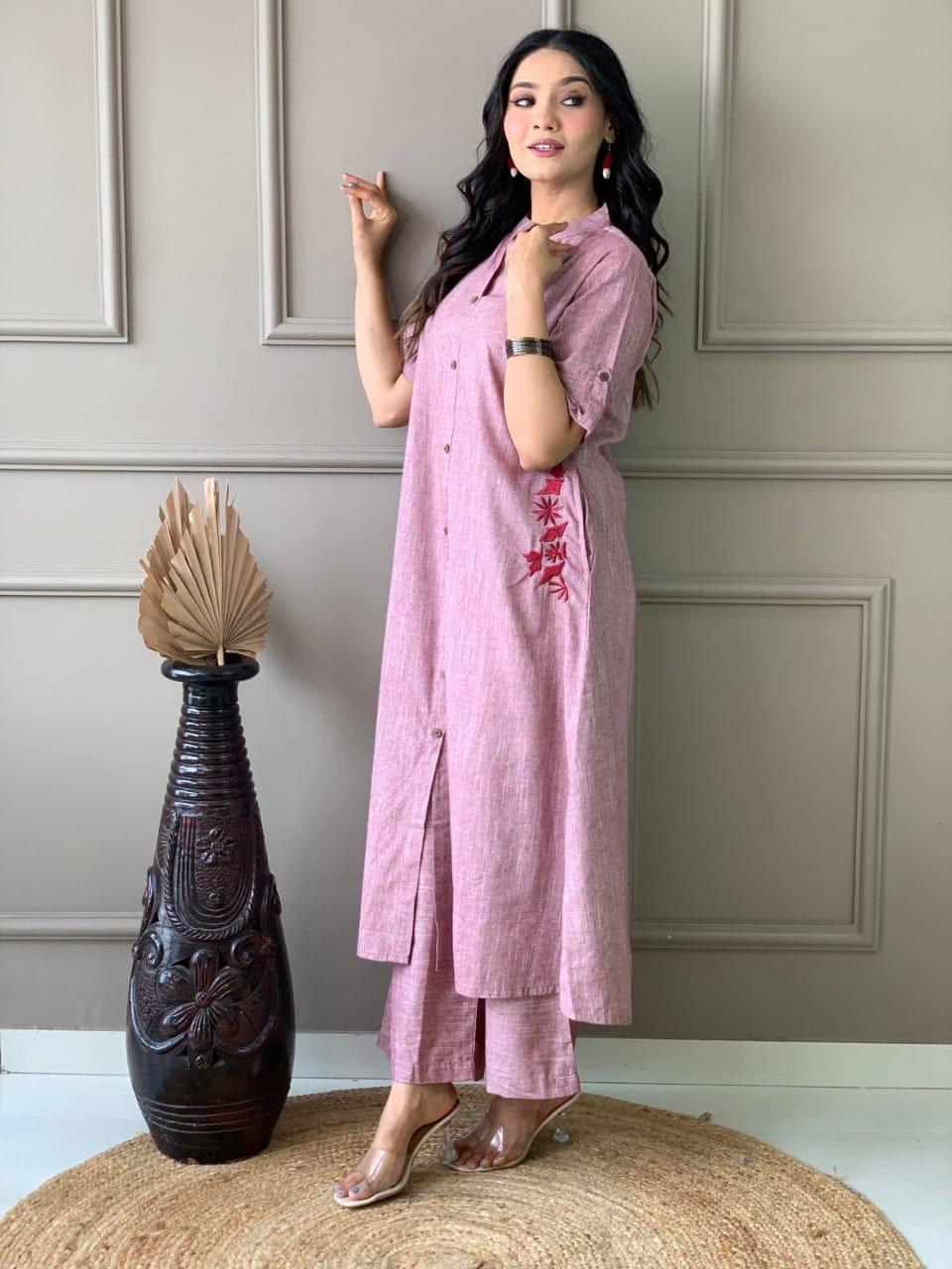 Mauve Button-Down Pocket Embroidered Kurta Palazzo Set