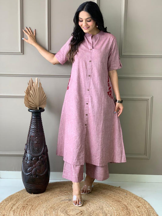 Mauve Button-Down Pocket Embroidered Kurta Palazzo Set