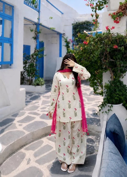White Floral Printed Kurta Salwar Set with Pink Dupatta