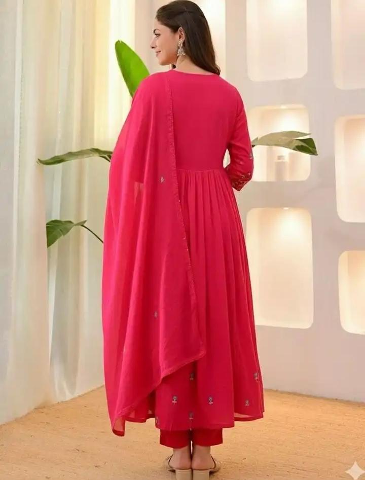 Fuchsia Embroidered Empire Thread Work Kurta with Trousers & Dupatta
