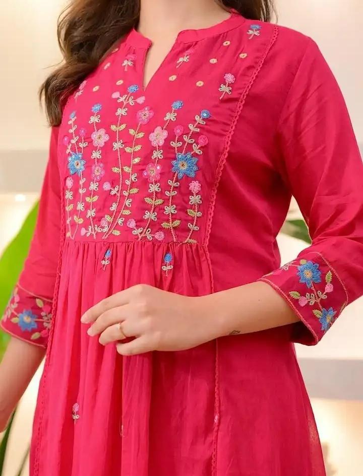 Fuchsia Embroidered Empire Thread Work Kurta with Trousers & Dupatta