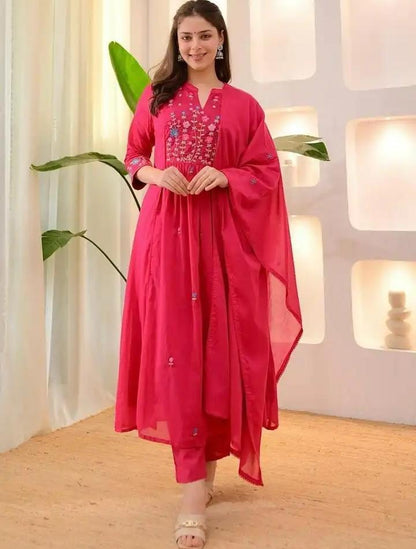Fuchsia Embroidered Empire Thread Work Kurta with Trousers & Dupatta