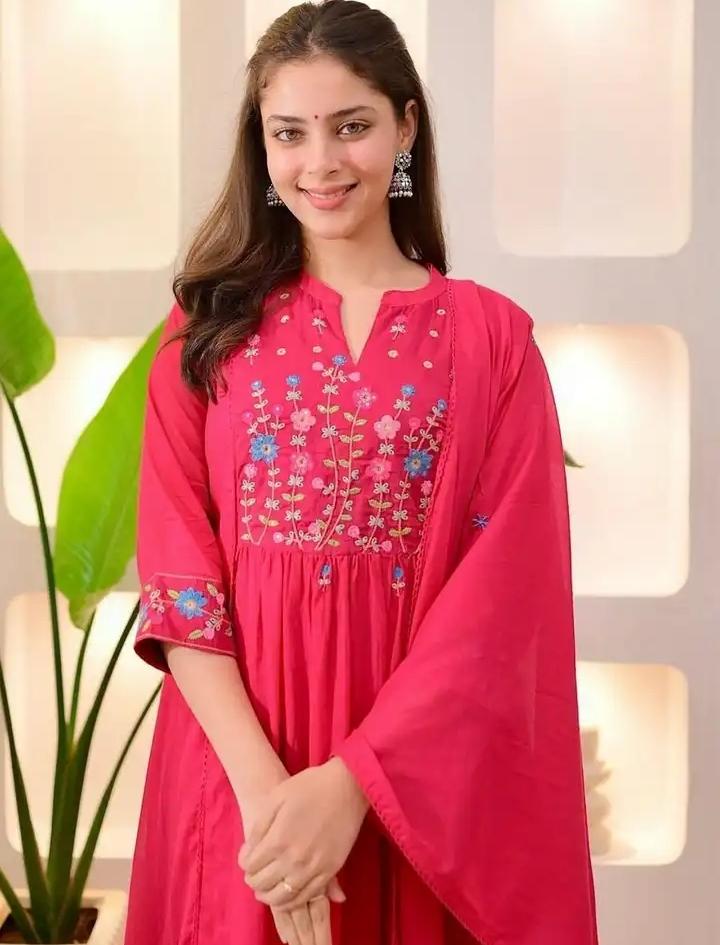 Fuchsia Embroidered Empire Thread Work Kurta with Trousers & Dupatta