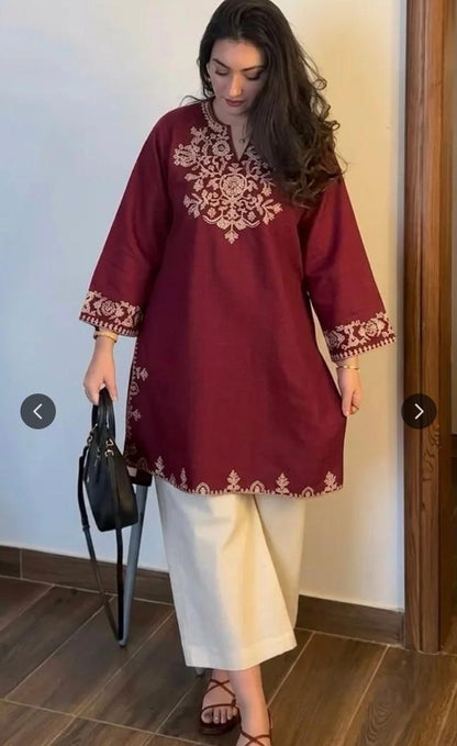Red Cotton Embroidered Kurta Set with Palazzo Pants