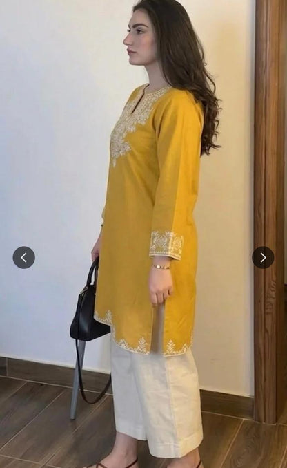 Yellow Cotton Embroidered Kurta Set with Palazzo Pants