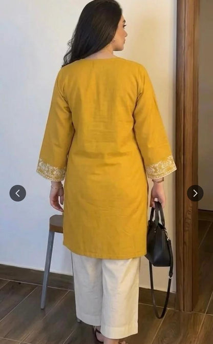 Yellow Cotton Embroidered Kurta Set with Palazzo Pants