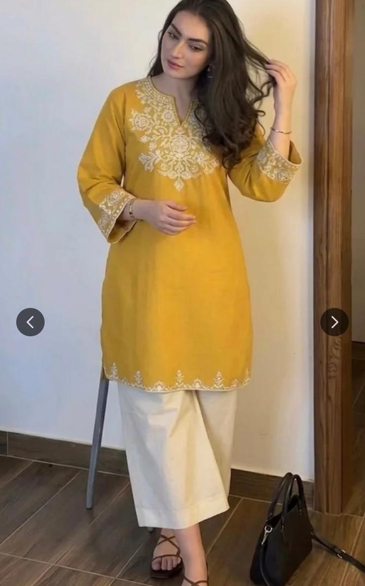 Yellow Cotton Embroidered Kurta Set with Palazzo Pants