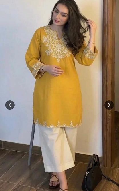 Yellow Cotton Embroidered Kurta Set with Palazzo Pants