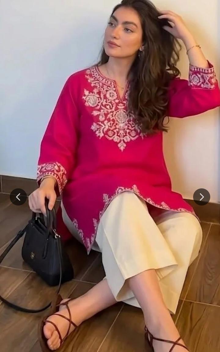 Pink Cotton Embroidered Kurta Set with Palazzo Pants
