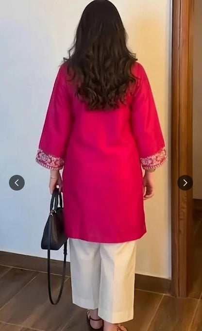 Pink Cotton Embroidered Kurta Set with Palazzo Pants