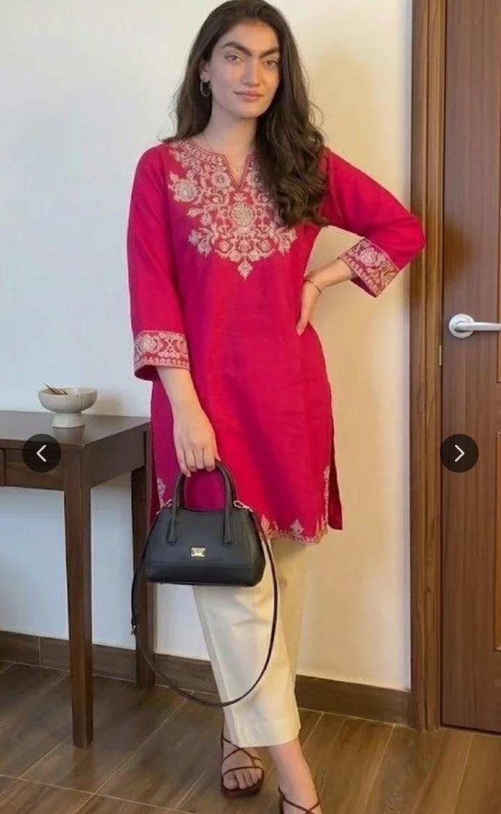 Pink Cotton Embroidered Kurta Set with Palazzo Pants