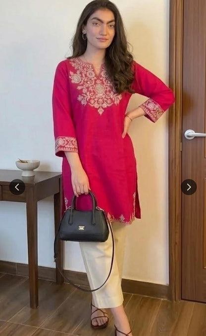 Pink Cotton Embroidered Kurta Set with Palazzo Pants