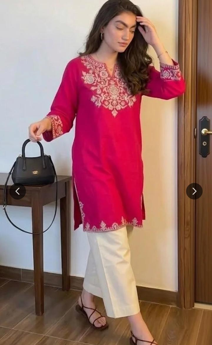 Pink Cotton Embroidered Kurta Set with Palazzo Pants