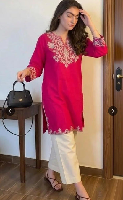 Pink Cotton Embroidered Kurta Set with Palazzo Pants
