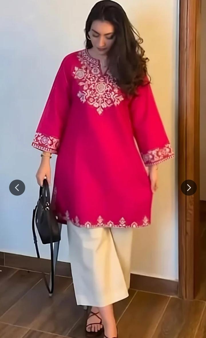 Pink Cotton Embroidered Kurta Set with Palazzo Pants