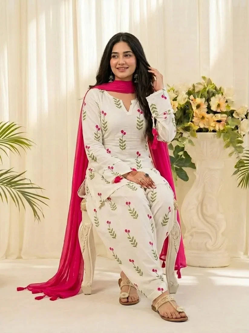 White Floral Printed Kurta Salwar Set with Pink Dupatta