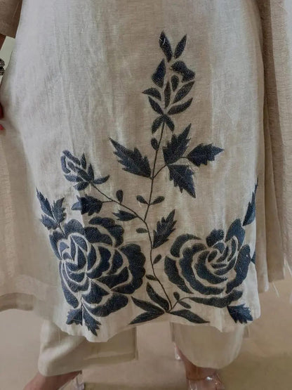 Beige Floral Printed Kurta Pant Set