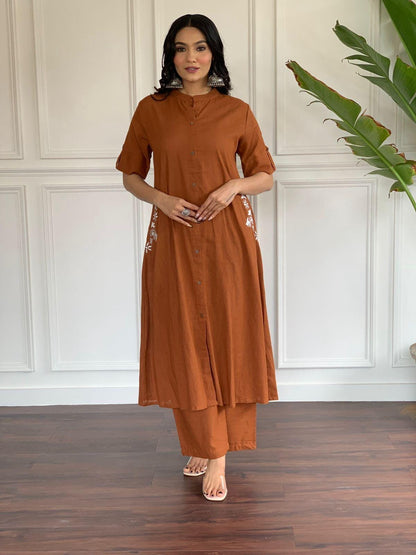 Rust Orange Embroidered Kurta Palazzo Set