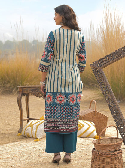 Teal Blue Printed Kurta Palazzo Set with Dupatta