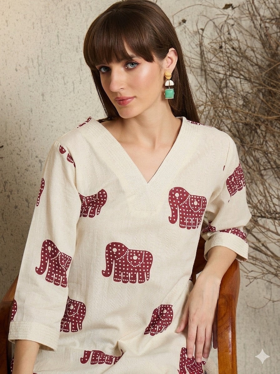 Ivory Elephant Print Kurta Palazzo Set