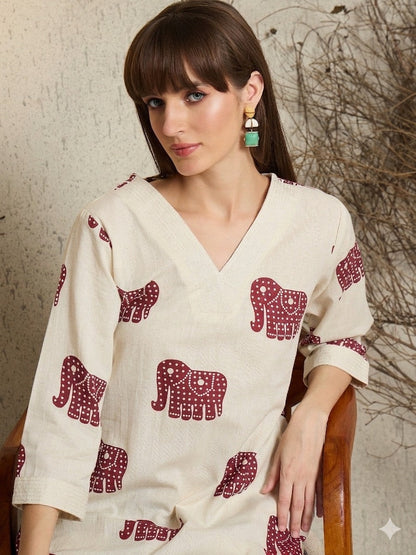 Ivory Elephant Print Kurta Palazzo Set