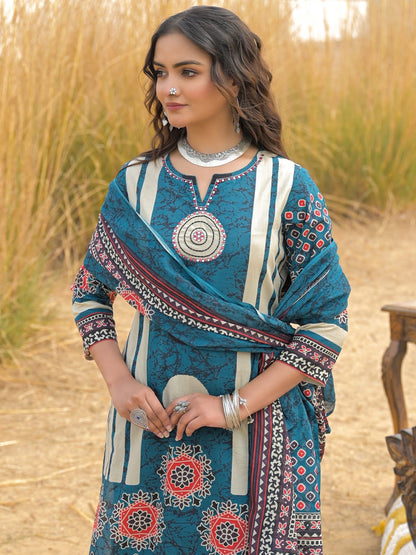 Teal Blue Printed Kurta Palazzo Set with Dupatta