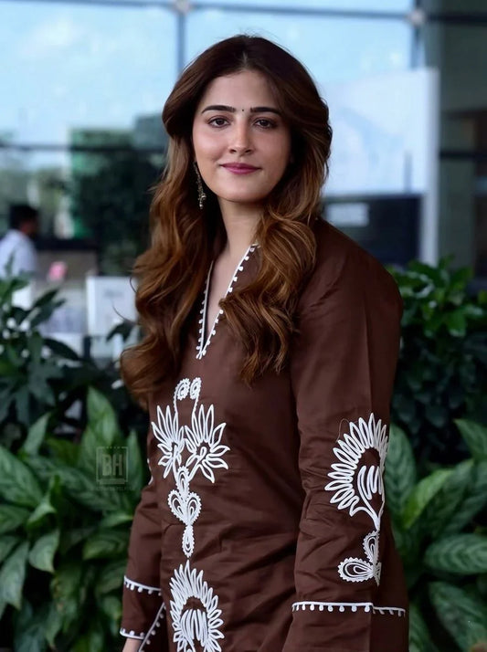 Brown Floral Embroidered Co-Ord Kurta Set