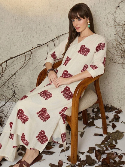 Ivory Elephant Print Kurta Palazzo Set