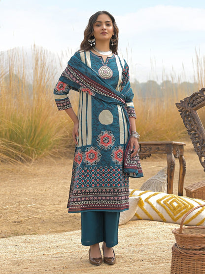 Teal Blue Printed Kurta Palazzo Set with Dupatta