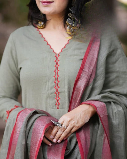 Sage Green Embroidered Kurta Pant Set with Dupatta