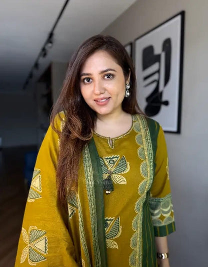 Mustard Yellow Printed Kurta Set with Dupatta