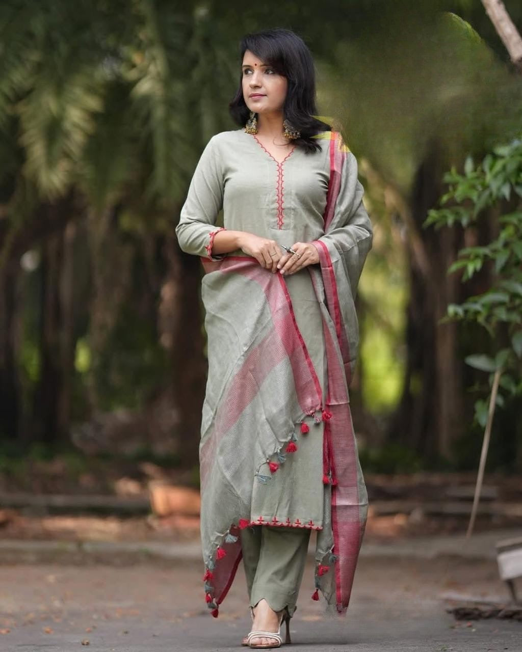 Sage Green Embroidered Kurta Pant Set with Dupatta
