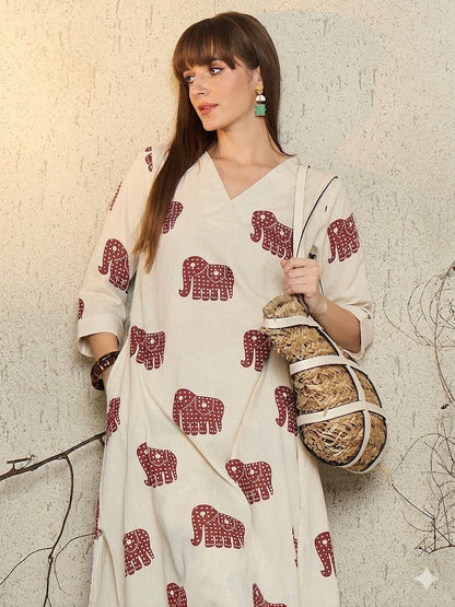Ivory Elephant Print Kurta Palazzo Set