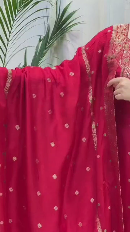 Red Banarasi Handwork Kurta Set with dupatta