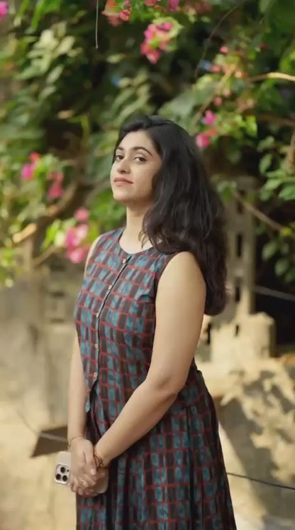 Women's Navy Blue Cotton Top with Floral Long Skirt
