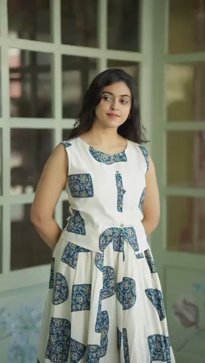Women's White Cotton Top with Floral Long Skirt