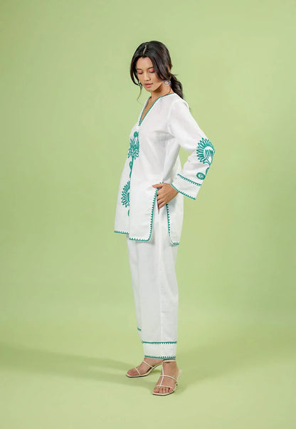 White & Teal Floral Embroidered Co-Ord Kurta Set