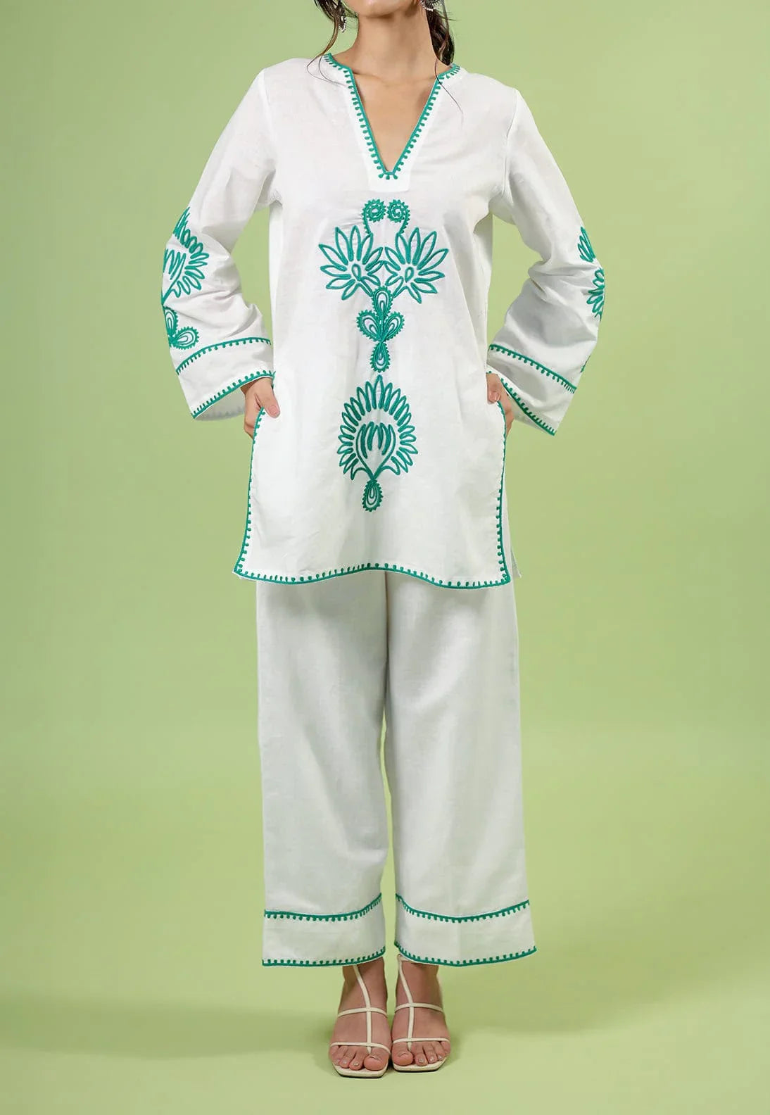 White & Teal Floral Embroidered Co-Ord Kurta Set