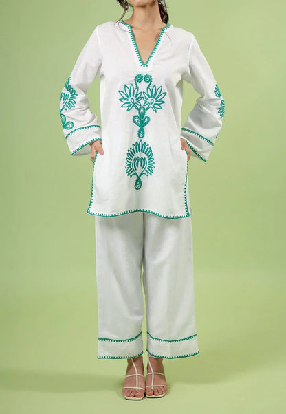 White & Teal Floral Embroidered Co-Ord Kurta Set