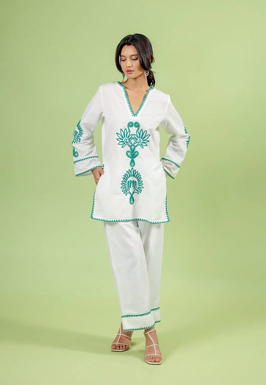 White & Teal Floral Embroidered Co-Ord Kurta Set
